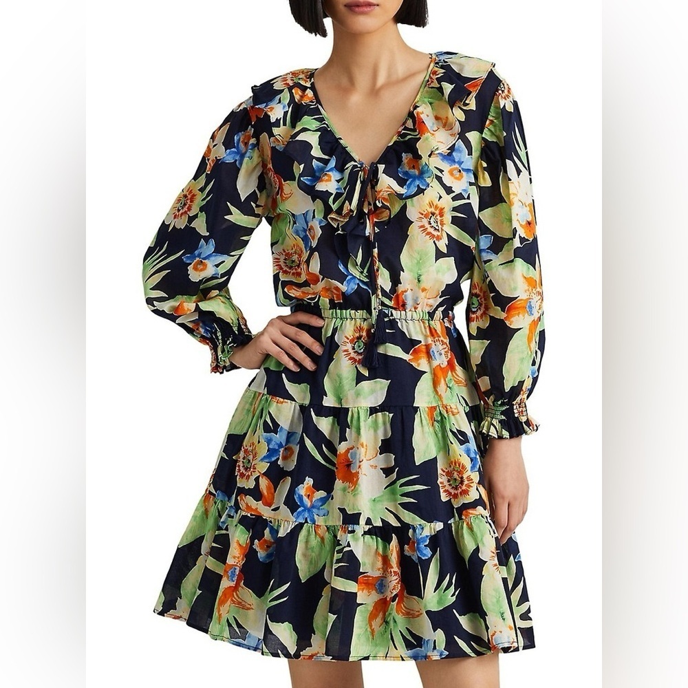 Ralph Lauren Womens Tropical Floral Cotton Voile Dress Size 10 blk label